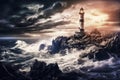 Dramatic image of sharp rocks with lighthouse in raging sea with dark stormy sky and spray on the waves, made with generative ai Royalty Free Stock Photo