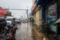 March 7, 2020, santo domingo, dominican republic. dramatic image of rainy downtown street in the capital.