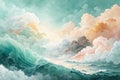 Ethereal painted sky-art merges with turquoise-ocean a vibrant, dreamlike fantasy-scape is born. Royalty Free Stock Photo