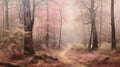 A dramatic impressionistic digital painting of a woodland with a hiking path