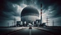 A dramatic industrial scene featuring a nuclear power plant with multiple cooling towers. Royalty Free Stock Photo