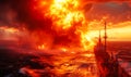 Dramatic inferno at sea: intense flames engulfing a ships deck at sunset, a fierce maritime disaster unfolding in the vast