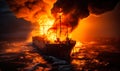 Dramatic inferno at sea: intense flames engulfing a ships deck at sunset, a fierce maritime disaster unfolding in the vast