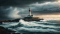 A dramatic and intense background featuring a stormy sky, crashing waves, and a lighthouse standing tall against the elements.