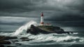 A dramatic and intense background featuring a stormy sky, crashing waves, and a lighthouse standing tall against the elements.