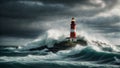 A dramatic and intense background featuring a stormy sky, crashing waves, and a lighthouse standing tall against the elements.