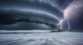 Extreme ocean storm with a massive dark cloud formation and multiple lightning strikes over turbulent sea waves Royalty Free Stock Photo