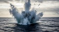 Massive detonation rocks the dark stormy sea Royalty Free Stock Photo