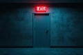 Dark Room with Exit Sign Illuminating Doorway in Blue Tones and Dramatic Lighting Effects Royalty Free Stock Photo