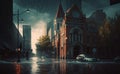 Dramatic inundation in the streets of a fictional city