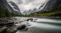 Fast- Flowing River Through a Rocky Valley with Mountains and a Small Cabin Under a Cloudy Sky Royalty Free Stock Photo