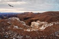 Dramatic landscape with flight lonely eagle - view of a chilly autumn valley blurred in a morning haze and steep red stone cliffs