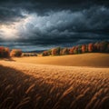 Dramatic landscape, late gloomy autumn, agricultural field after harvest with wild grass, cloudy weather with a stormy