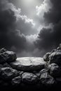 Dramatic Landscape with Rocks and Cloudy Sky in Black and White Royalty Free Stock Photo