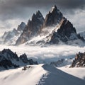 Dramatic landscape with sharp pinnacle on high mountain range in rainy low clouds. Bleak alpine scenery with