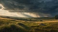 Dramatic Landscape with Sun Rays Piercing Through Dark Storm Clouds Over the Field Royalty Free Stock Photo