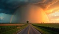 Dramatic landscape view with double rainbow spanning road between fields. Storm clouds, sunlight create vivid contrast. Road Royalty Free Stock Photo