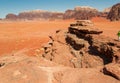 Dramatic landscape Wadi Rum desert,red sand, Jordan Middle East. UNESCO World Heritage. Adventure exotic concept. Royalty Free Stock Photo