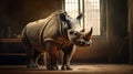 Dramatic Light: A Captivating Photograph Of A Rhinoceros In Front Of A Window