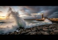 Dramatic lighthouse scene with crashing waves at sunset Royalty Free Stock Photo