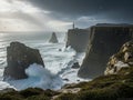 Dramatic Lighthouse on Rugged Cliffs with Crashing Waves and Seagulls Under a Stormy Sky ocean Royalty Free Stock Photo