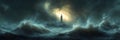 Dramatic Lighthouse in Tempestuous Ocean Waves Stormy Seascape Dramatic Lighting Royalty Free Stock Photo