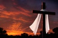 Dramatic Lighting on Easter Cross at Sunrise with Burial CLoth and Crownd of Thorns
