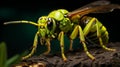 Dramatic Lighting Effects: Photo-realistic Wasp On Trunk With Yellow Wings
