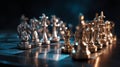 Dramatic lighting highlights metallic chess pieces on a dark board during an intense game Royalty Free Stock Photo
