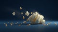 Dramatic lighting illuminates popped popcorn and corn kernels as they float in dynamic motion on a dark studio background Royalty Free Stock Photo