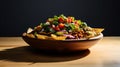 Dramatic Lighting: Wooden Bowl Of Taco Salad In Cinematic 8k Resolution