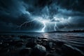Dramatic lightning bolt illuminating dark sky over sea horizon, creating mesmerizing view.