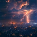 Dramatic lightning illuminates city skyline in nocturnal urban scene