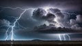 Dramatic Lightning Storm Illuminates Dark Clouds During Nighttime Over a Vast Open Field Royalty Free Stock Photo