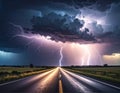 Dramatic lightning storm over a wet highway at dusk with dramatic clouds thunder night Royalty Free Stock Photo