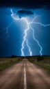 Dramatic lightning storm illuminating dirt road, atmospheric intensity Royalty Free Stock Photo