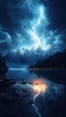 Dramatic Lightning Storm Illuminating Night Sky over Serene Moonlit Lake AI Generated Royalty Free Stock Photo