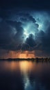 Dramatic Lightning Storm Illuminating Night Sky over Serene Moonlit Lake AI Generated Royalty Free Stock Photo