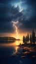 Dramatic Lightning Storm Illuminating Night Sky over Serene Moonlit Lake AI Generated Royalty Free Stock Photo