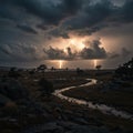 Dramatic Lightning Storm over Dark Landscape Royalty Free Stock Photo