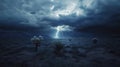 A dramatic lightning storm over a dark landscape with sparse vegetation and menacing clouds in the background Royalty Free Stock Photo