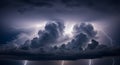 Dramatic Lightning Storm Over Dark Landscape with Towering Clouds, AI Generated Royalty Free Stock Photo