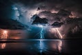 Dramatic lightning storm over a lake with dark stormy clouds