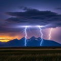 Dramatic lightning storm over mountains, with dark, heavy clouds above Royalty Free Stock Photo