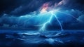 Dramatic lightning storm over the ocean with dark clouds and rough waves at night Royalty Free Stock Photo