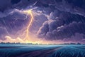 Dramatic Lightning Storm Over a Purple and Blue Field Rain Cloudscape Illustration dark clouds Royalty Free Stock Photo