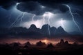 Dramatic lightning storm over a rugged mountain range. Generative AI Royalty Free Stock Photo