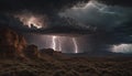 A dramatic lightning storm over a rugged, rocky landscape with dark clouds and lightning
