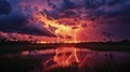 Dramatic Lightning Storm Over Tranquil Water Reflection at Sunset Royalty Free Stock Photo