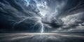 Dramatic lightning strike across a vast, dark landscape with ominous storm clouds. Generative AI Royalty Free Stock Photo